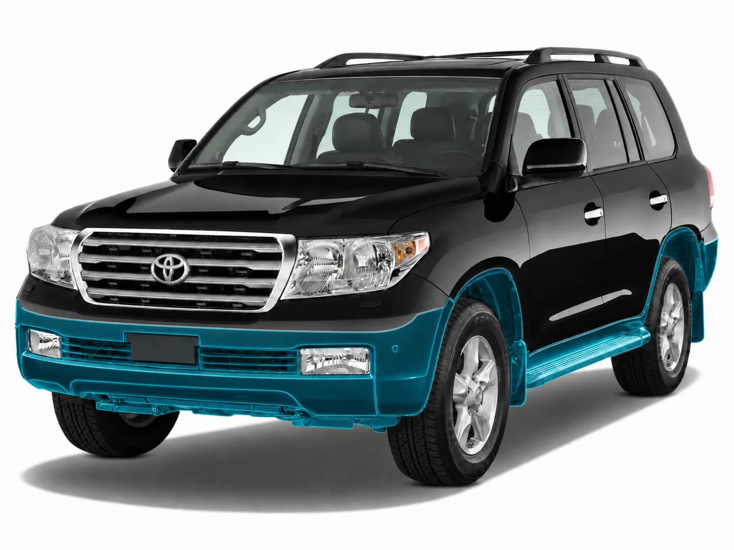 Чёрный Toyota Land Cruiser с выделенными зонами антикоррозийной защиты